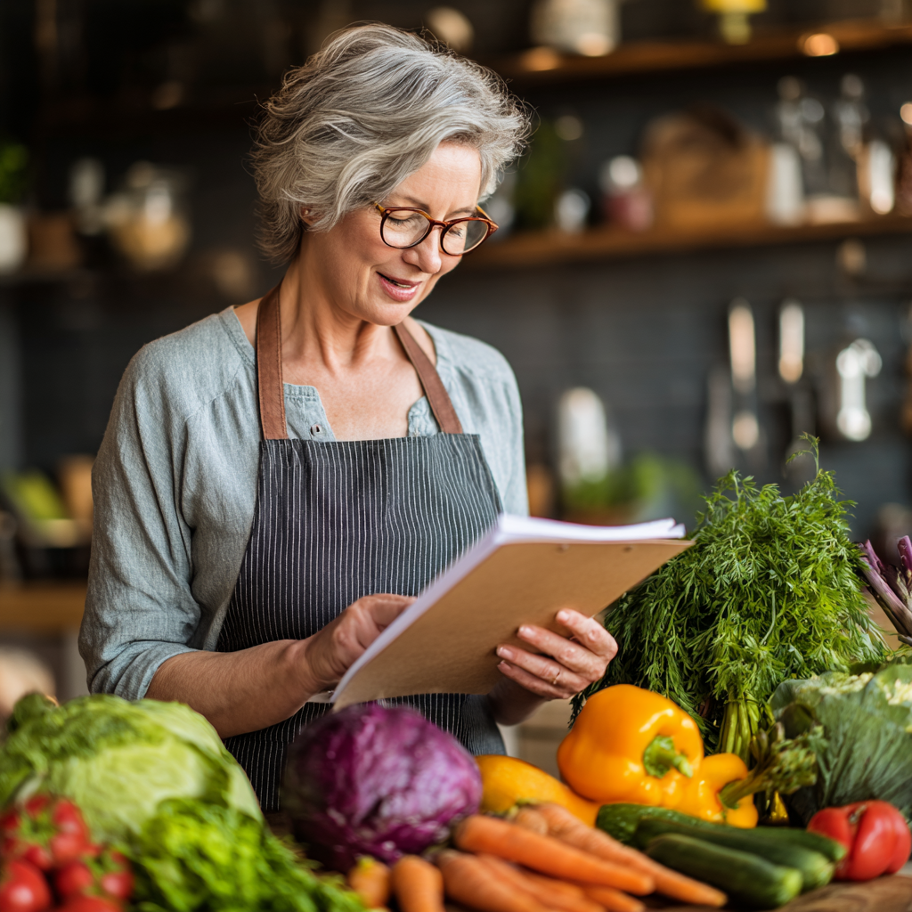 Mature woman reviewing personalized nutrition plan with fresh ingredients