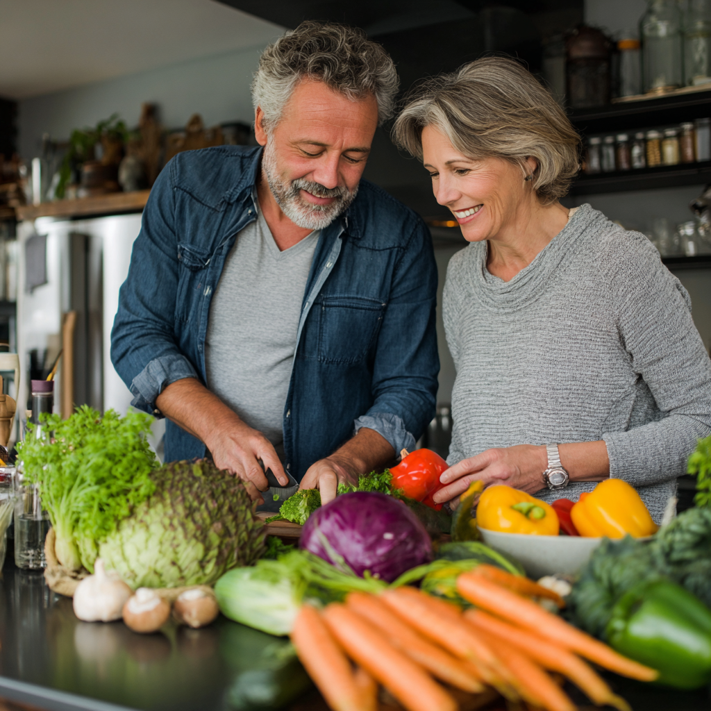 Middle-aged couple preparing healthy colorful vegetables together in modern kitchen